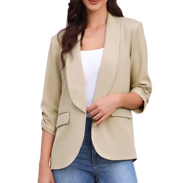 Blazer de oficina INSPIRE CHIC para mujer con cuello chal, mangas 3/4 arrugadas, blazer de traje elegante, talla S, color caqui
