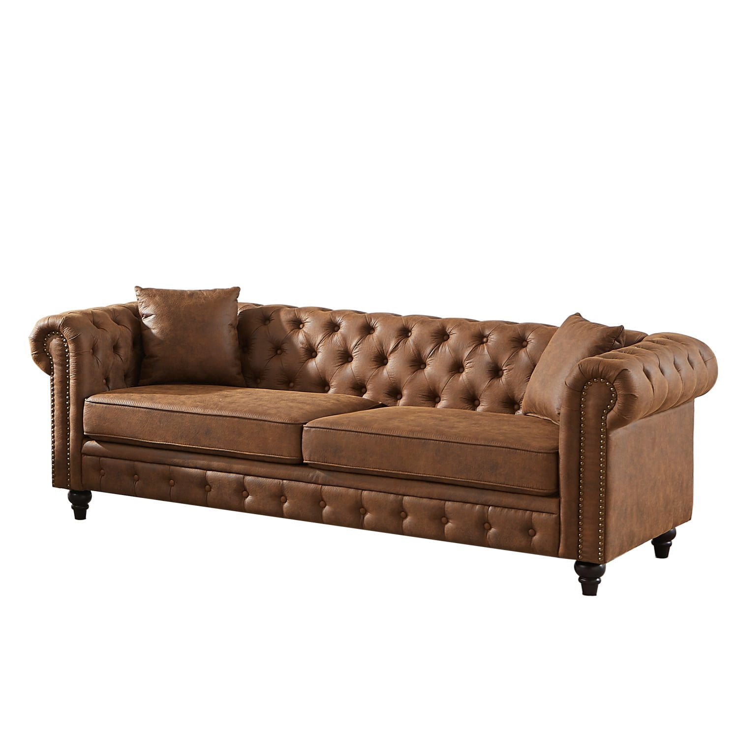 Hommoo 83.5"W Luxury Tech Fabric Chesterfield Loveseat, 3-Seater Sofa Couches with Button Tufted Design &Rolled Arms, Brown