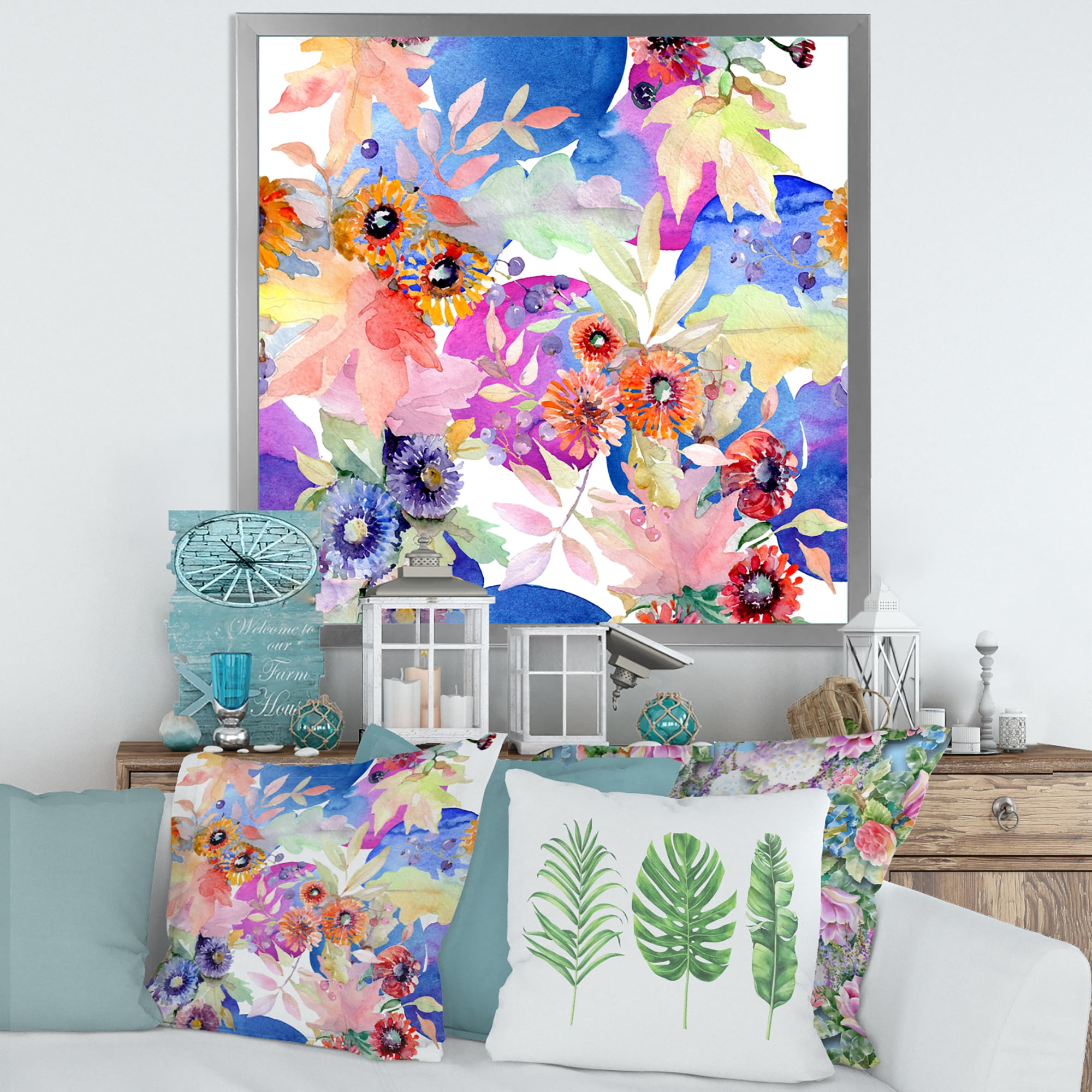 Wildflowers and Vibrant Wild Spring Leaves IV 16 in x 16 in Framed Painting Canvas Art Print, by Designart