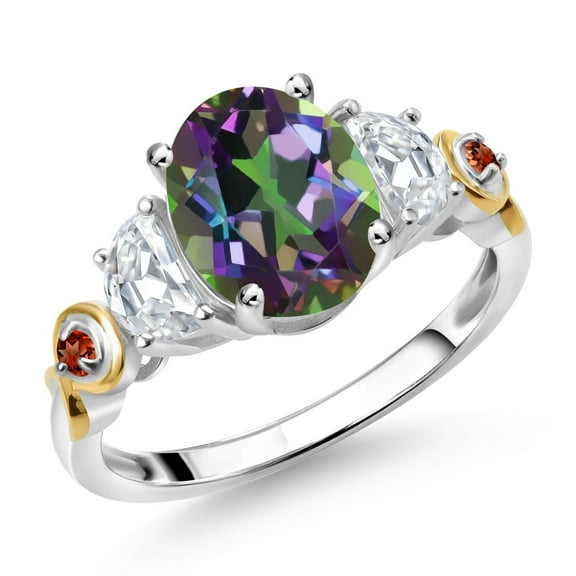 Gem Stone King 925 Silver and 10K Yellow Gold 3-Stone Ring Oval Green Mystic Topaz and Moissanite (2.83 Cttw, Size 6)