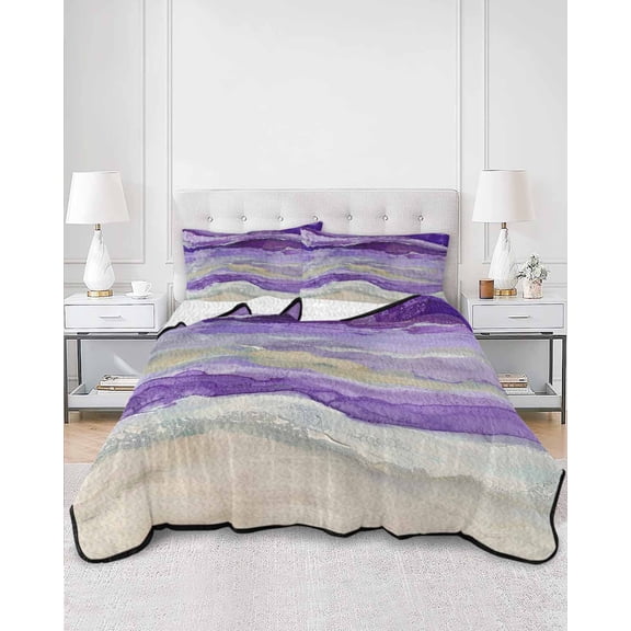 Quilts King Size, Purple Coastal Soft Comforter Bedding Set for Bed, Summer Beach Nautical Abstract Art Lightweight Quilted Bedspread with Pillow Cover(2 Pieces) for All Season, 96x106 Inch