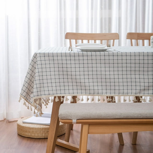 Nvzi Mantel de estilo campestre pequeño a cuadros blancos, mantel de mesa de café para el hogar, mantel con borlas de encaje (60 * 60 cm)