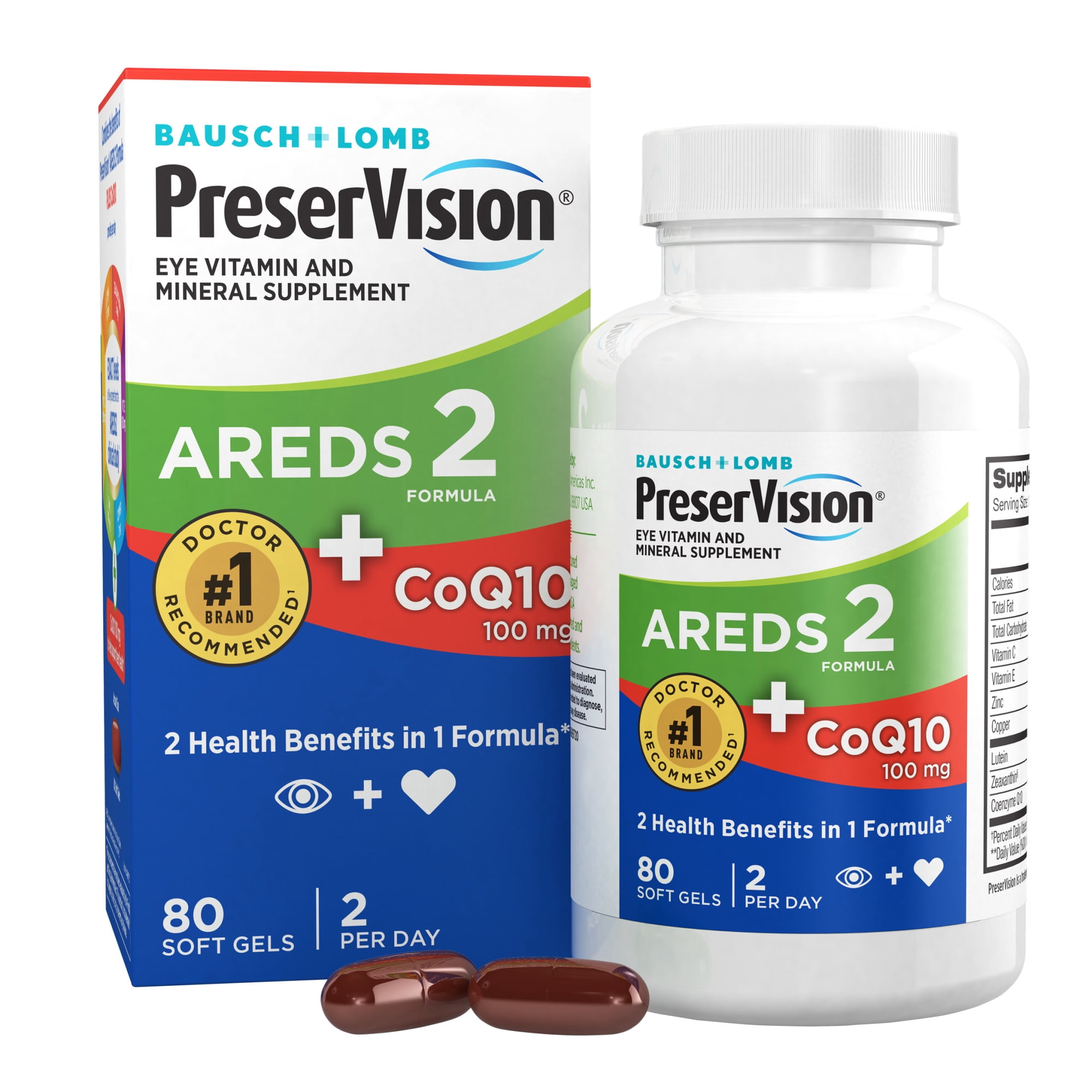 PreserVision AREDS 2 Eye Vitamins with CoQ10 for Heart Health, Lutein, Zeaxanthin, Vitamin C & E, Zinc, Copper, 80 Softgels