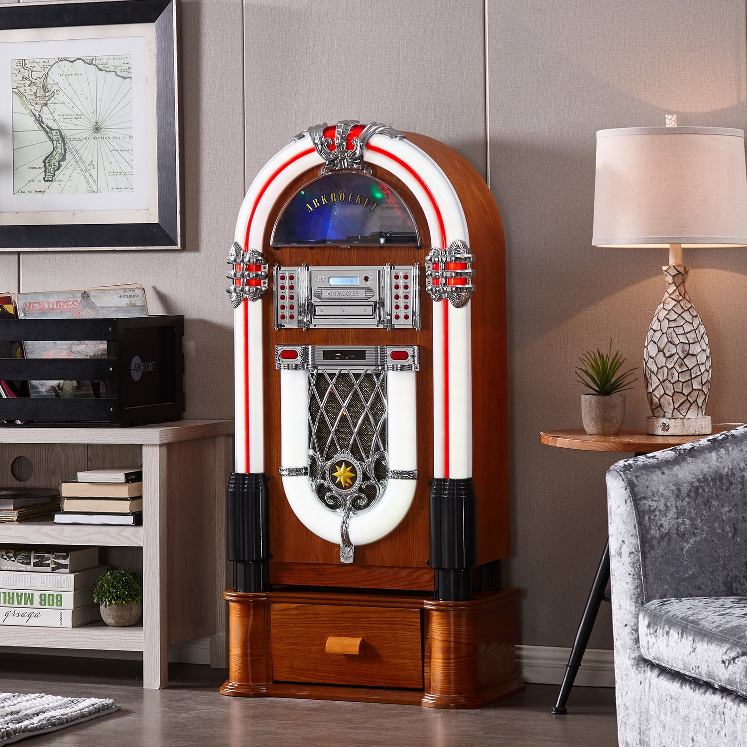 Arkrocket Taurus II Mid-Size Jukebox Vinyl Record Player Bluetooth CD Player Classic (Taurus II + Stand - Maple)