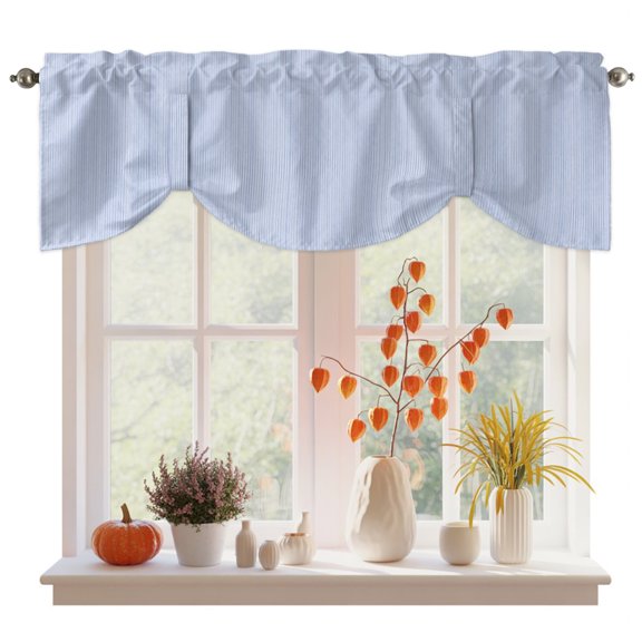 Farmhouse Blue Thin Lines Tie Up Valance Curtains for Windows, Kitchen Curtains Window Treatments, Modern Striped Minimalist Short Window Shades Valances for Bedroom Bathroom Cafe 42"x12"
