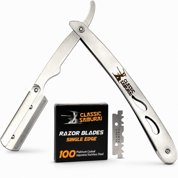 Classic Samurai Stainless Steel Professional Barber Straight Edge Razor with 100 Single Edge Razor Blades