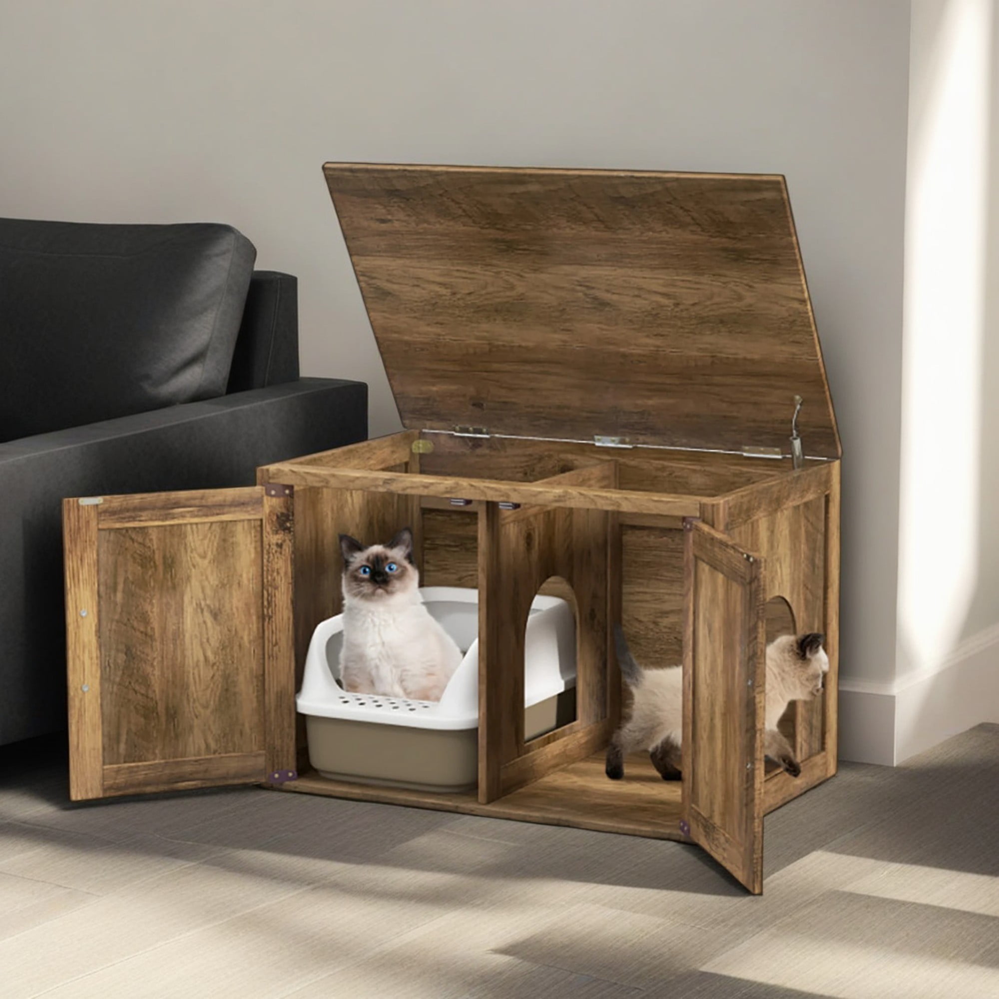 Pefilos 31.5" Cat Litter Box Enclosure, Hidden Cat Litter Box Furniture with Double Barn Doors, Hidden Cat Washroom with Removable Divider, Cat House, Brown