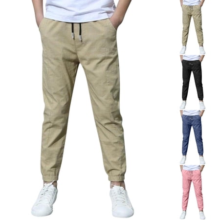 Resicozy Boys Cotton Linen Pants Summer Elastic Waist Drawstring Jogger Sweatpants Casual Relaxed Fit Trousers with Pockets 5-15 Years Khaki 130