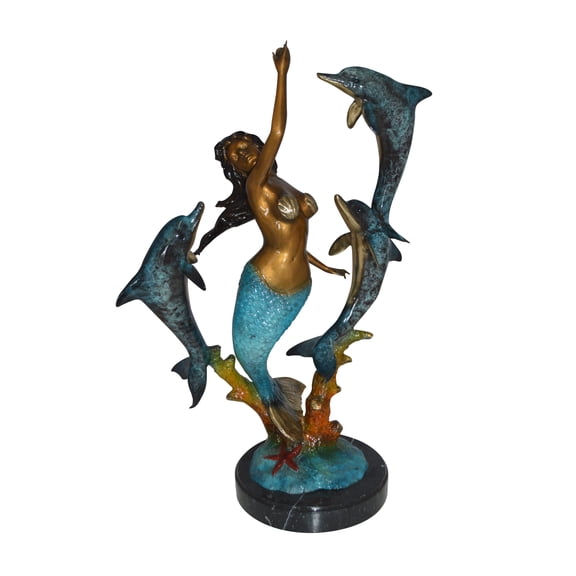 Mermaid With Three Dolphins Bronze Statue -  Size: 15"L x 8"W x 25"H.