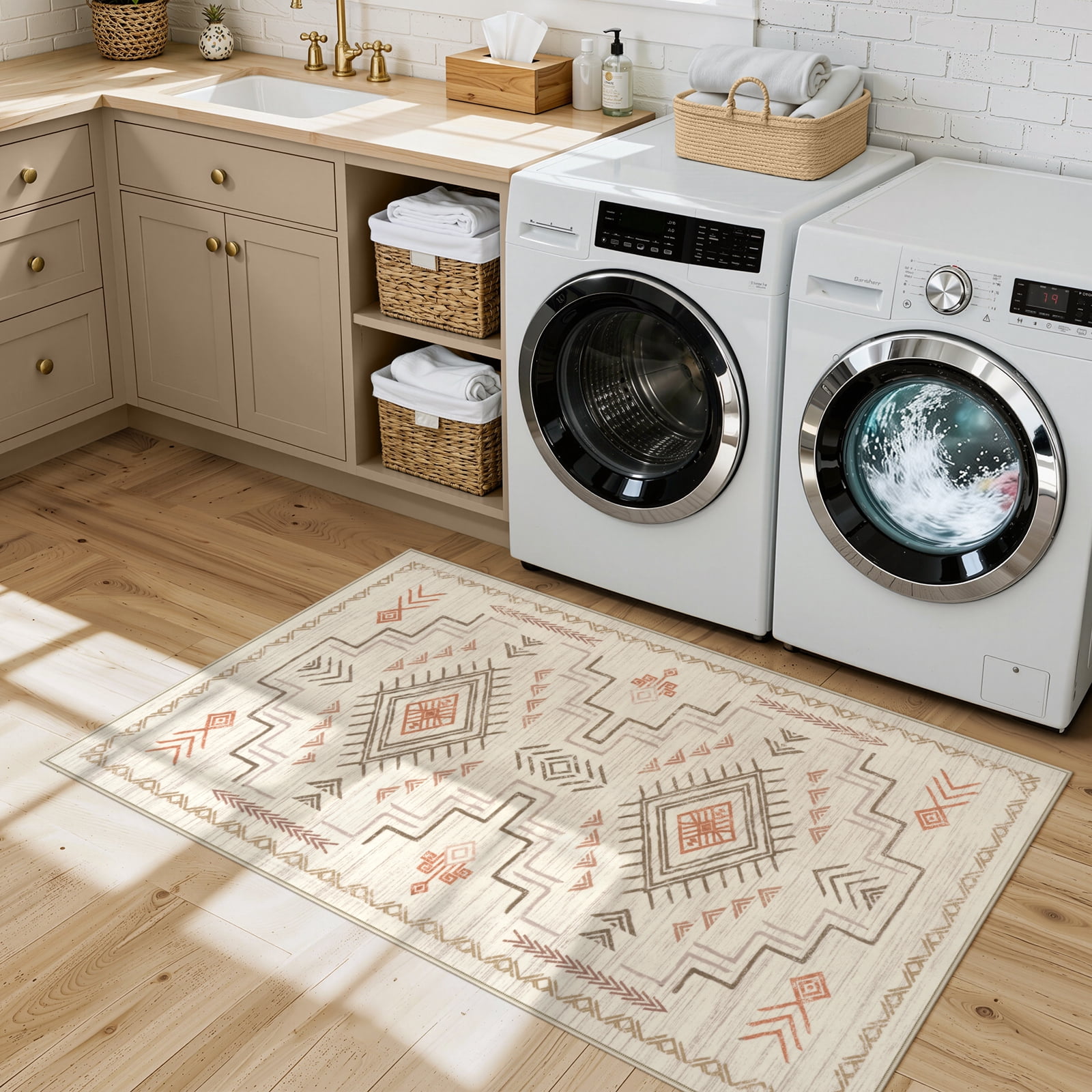Lahome Washable 3'x5' Area Rug, Brown Rugs for Living Room, Non-Slip Small Entryway Aztec Tribal Carpet for Bedroom Kitchen Bathroom, Low-Pile Classic Boho Western Decor, Brown