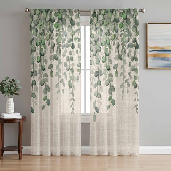 Green Eucalyptus Leaves Sheer Curtains 63 Inch Length 2 Panels Set, Summer Botanical Weeping Rustic Voile Window Treatment Rod Pocket Curtains Sheers Drapes for Bedroom/Living Room/Kitchen 52x"63"x2