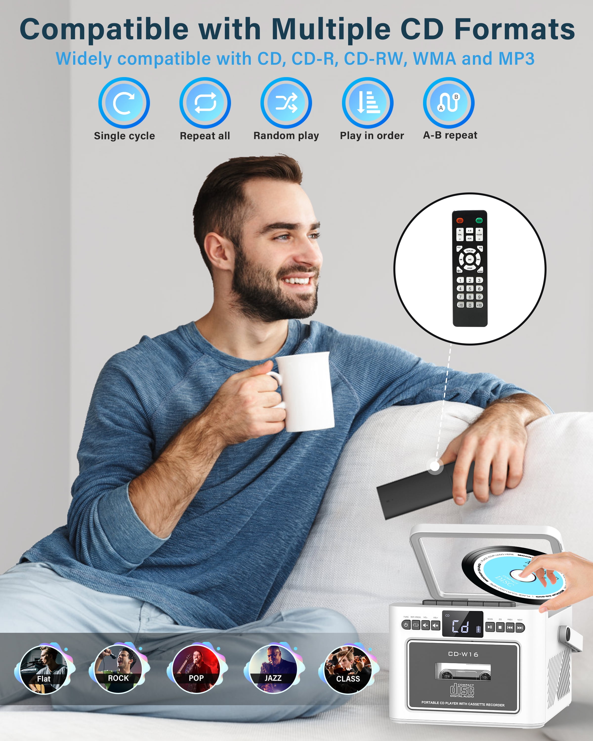 Greadio 5000mAh Rechargeable CD Player Boombox Cassette Player Combo with Bluetooth, FM, Music