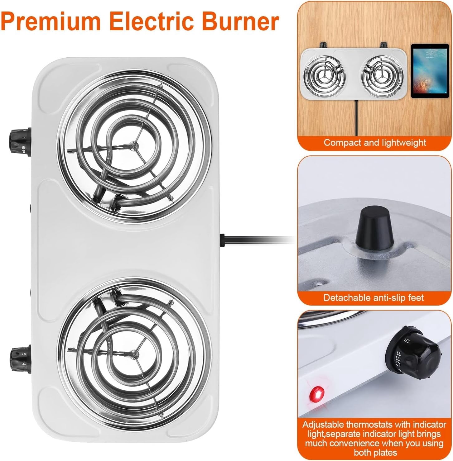 DISHUEC Hot Plate for Cooking,2000W Electric Double Burner Cooktop,Portable Electric Double Coil Burner with Dual Control&5 Level Temperature Control,Easy to Clean for Kitchen Camping