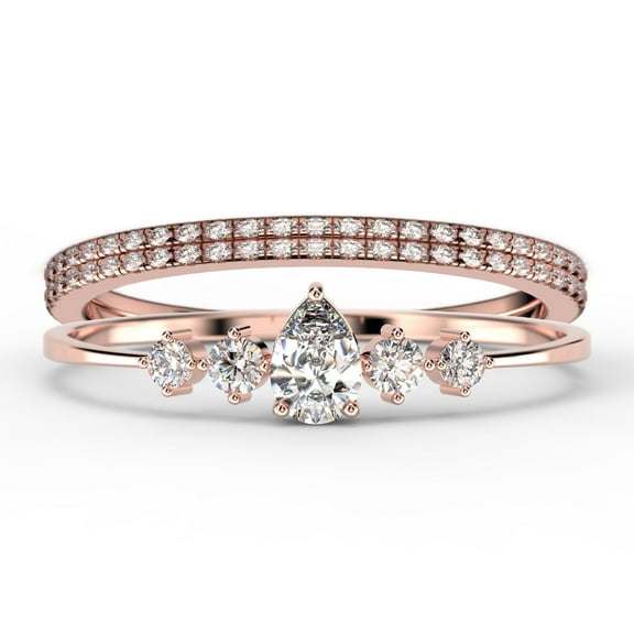 Dazzling Minimalist 2.05 Carat Pear Cut Diamond Moissanite Classic Engagement Ring, Affordable Wedding Ring in 925 Sterling Silver With 18k Rose Gold Plating, Trio Set, Matching Band