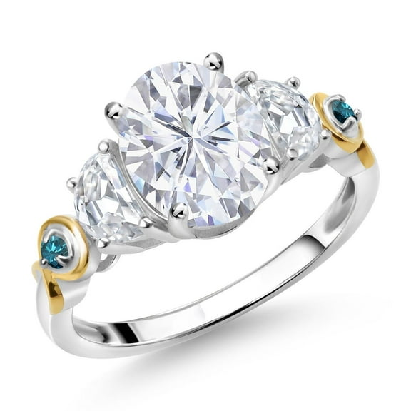 Gem Stone King 925 Silver and 10K Yellow Gold 3-Stone Ring Set with Moissanite (2.61 Cttw) (Size 7)
