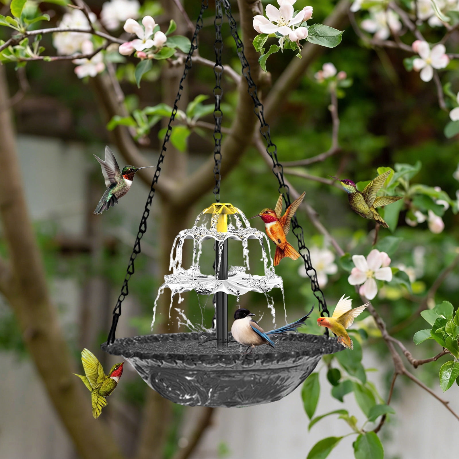 FYHALE Solar Bird Feeder Bird Bath with Fountain Pump, Outdoor Hanging Floating Bird Bath Feeder with Solar Fountain, Garden Bird Water Feeder Decoration for Patio Yard Lawn, Gray