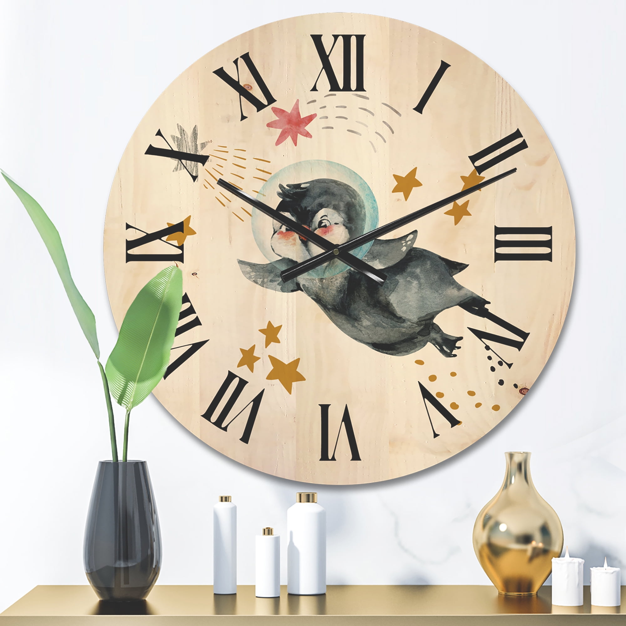 Designart 'Little Penguin Flying Planets and Stars I' Farmhouse Wood Wall Clock