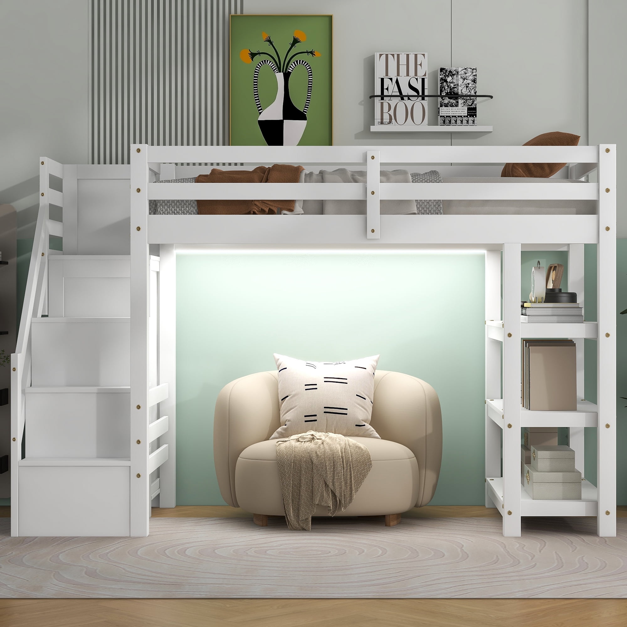 Euroco Wood Twin Size Loft Bed with Storage Staircase and Shelves, LED Light and Wardrobe for Kids, White