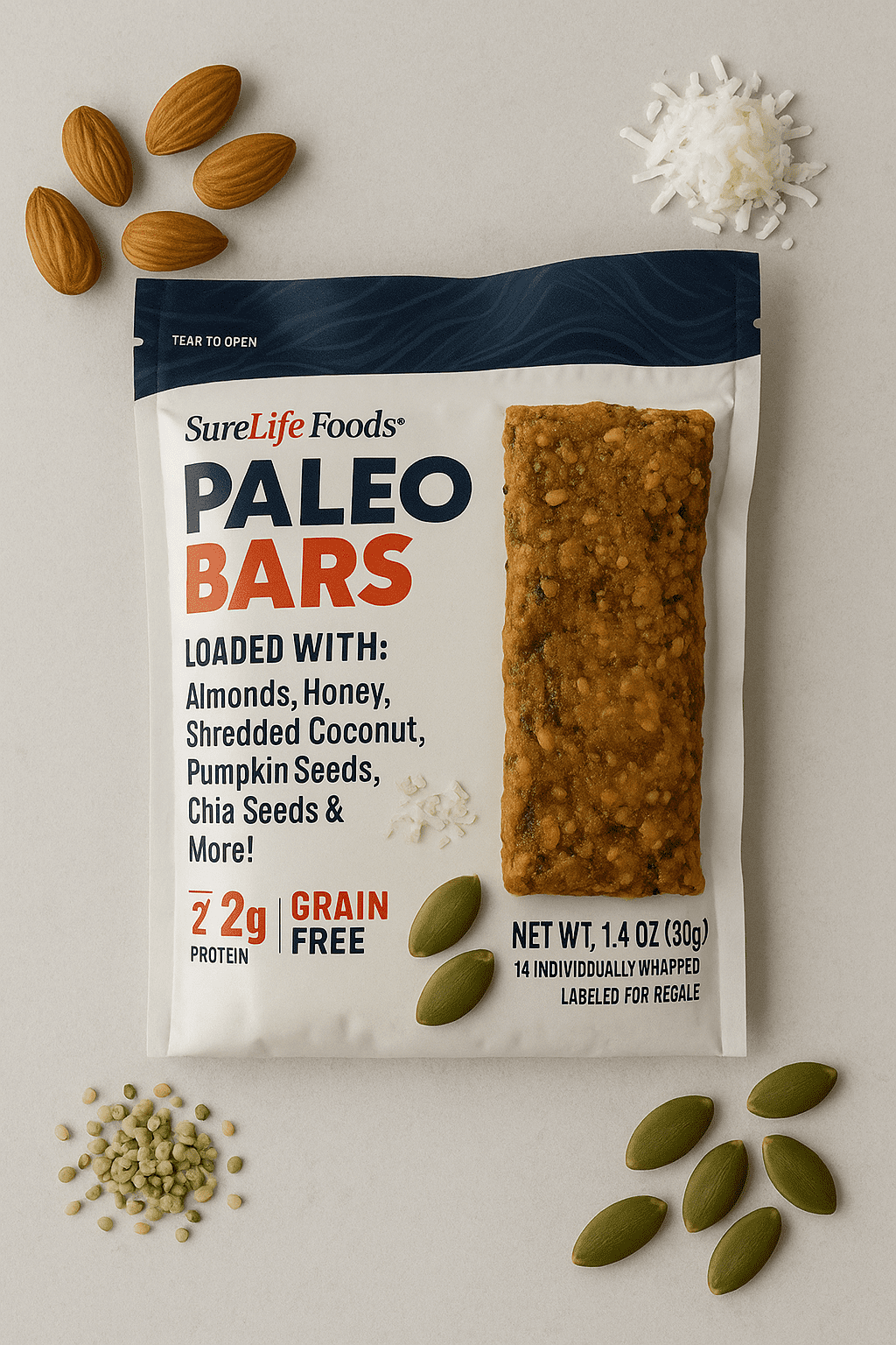 Sure Life Foods Paleo Bars Grain Free Gluten Free Paleo Certified 2 pack (14 per pack) individually wrapped  Zero Cholesterol Meal Replacement Bar 2 Pack 14 Pack