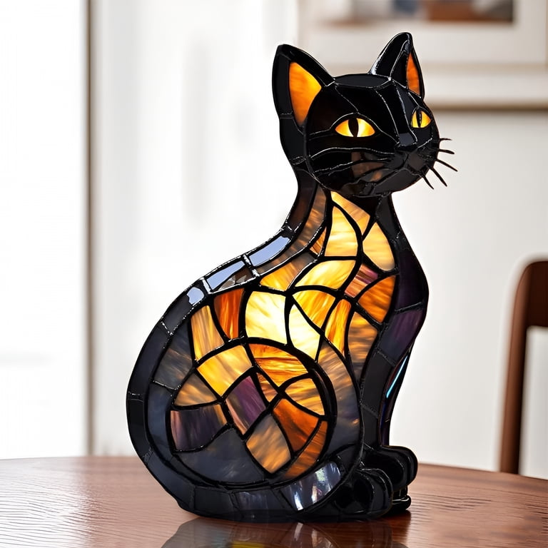 Sherum Glowkitty Stained Glass Cat Night Light – Resin Tabletop LED Lamp, Retro 3D Cat Design, Gift For Pet Lovers