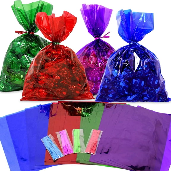 Cellophane Bags 100 pcs Mix Colors (6 Inch x 9 Inch) | Colorful Cello Treat Bags with Twist Ties | 2.5 Mil Quality Cellophane Treat Bags | Transparent Color 6x9 Inch Bags