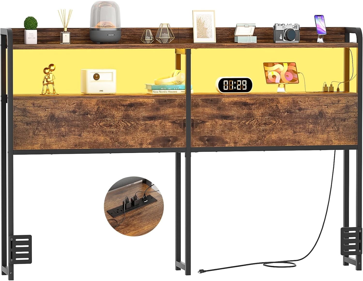 iSunrim Headboard for Queen Size Bed Frame, Headboard with Charging Station, USB Ports and LED Light, Headboard with Storage, Height Adjustable, Queen Size, Rustic Brown