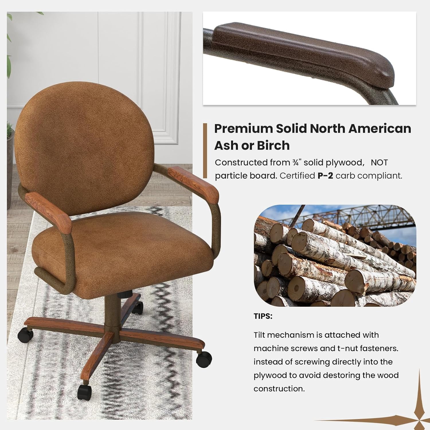 Chromcraft Douglas Swivel-Tilt Casual Dining Chair with Casters, PU Leather Upholstery, Wood Arms, Metal Base