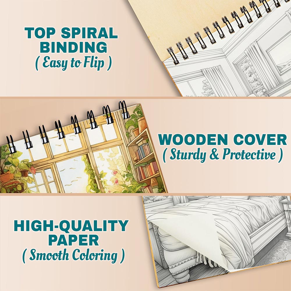 Home Sweet Home Coloring Book Spiral Bound For Adults, A5 Wooden Cover, 30 Heartwarming Coloring Pages of Family Homes and Cozy Spaces for Relaxation and Stress Relief
