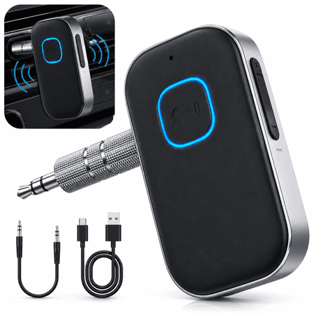 Bluetooth 5.0 AUX Receiver Adapter with Microphone, Wireless Audio Music Transmitter, 3.5mm Jack Hands-Free Calling, Dual Device Connection for Car Stereo Headphones Speakers