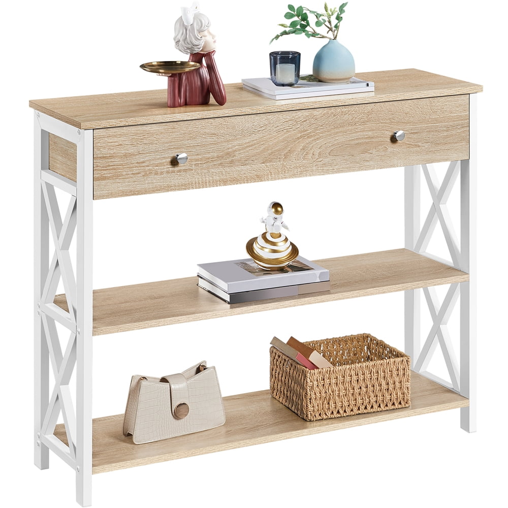 Topeakmart X Design Console Table w/ 1 Drawer & 2 Shelves, Gray, Light Oak