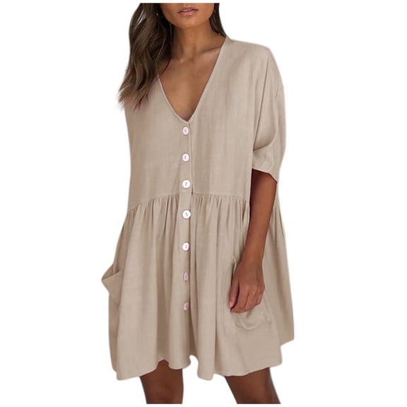 Usmixi Summer Dresses for Women Plus Size Cotton Linen Button Down Pleated Swing Tunic Dresses 2023 Casual Short Sleeve V-Neck Plain Mini Dress Beige s