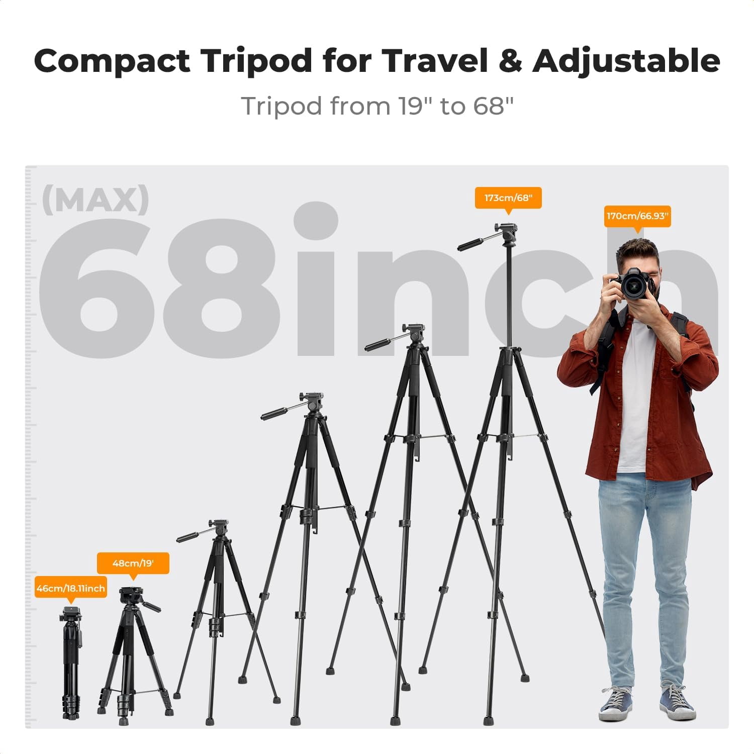 K&F CONCEPT 68" Lightweight Portable Travel Outdoor DSLR Tripods for Camera Phone Video Recording Tripod Stand, Cellphone Clip for Live Streaming Vlog