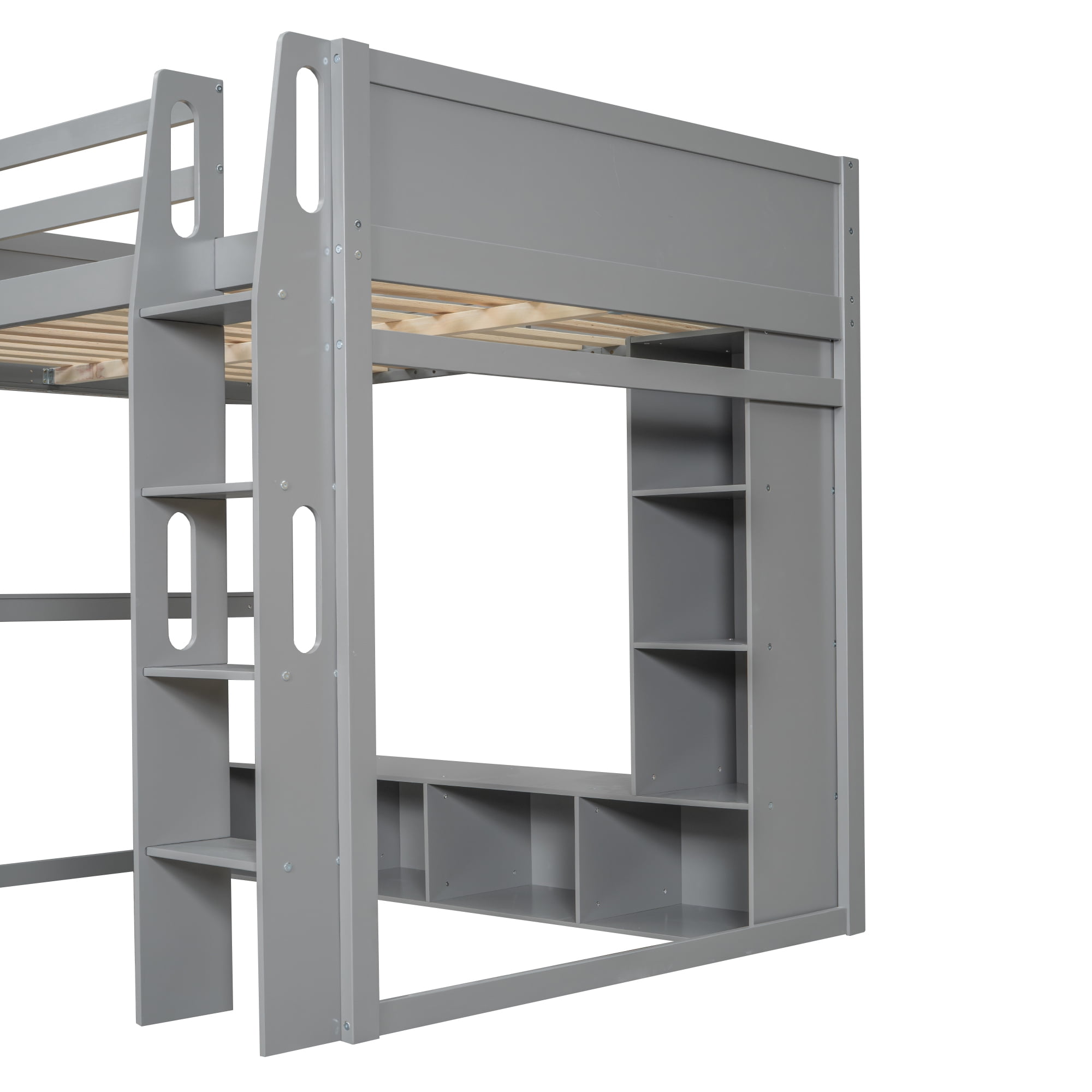 Euroco Wood Full Size Loft Bed with Desk and Shelves, Gaming Bed with LED Light and Clothes Rack for Kids Teens, Gray