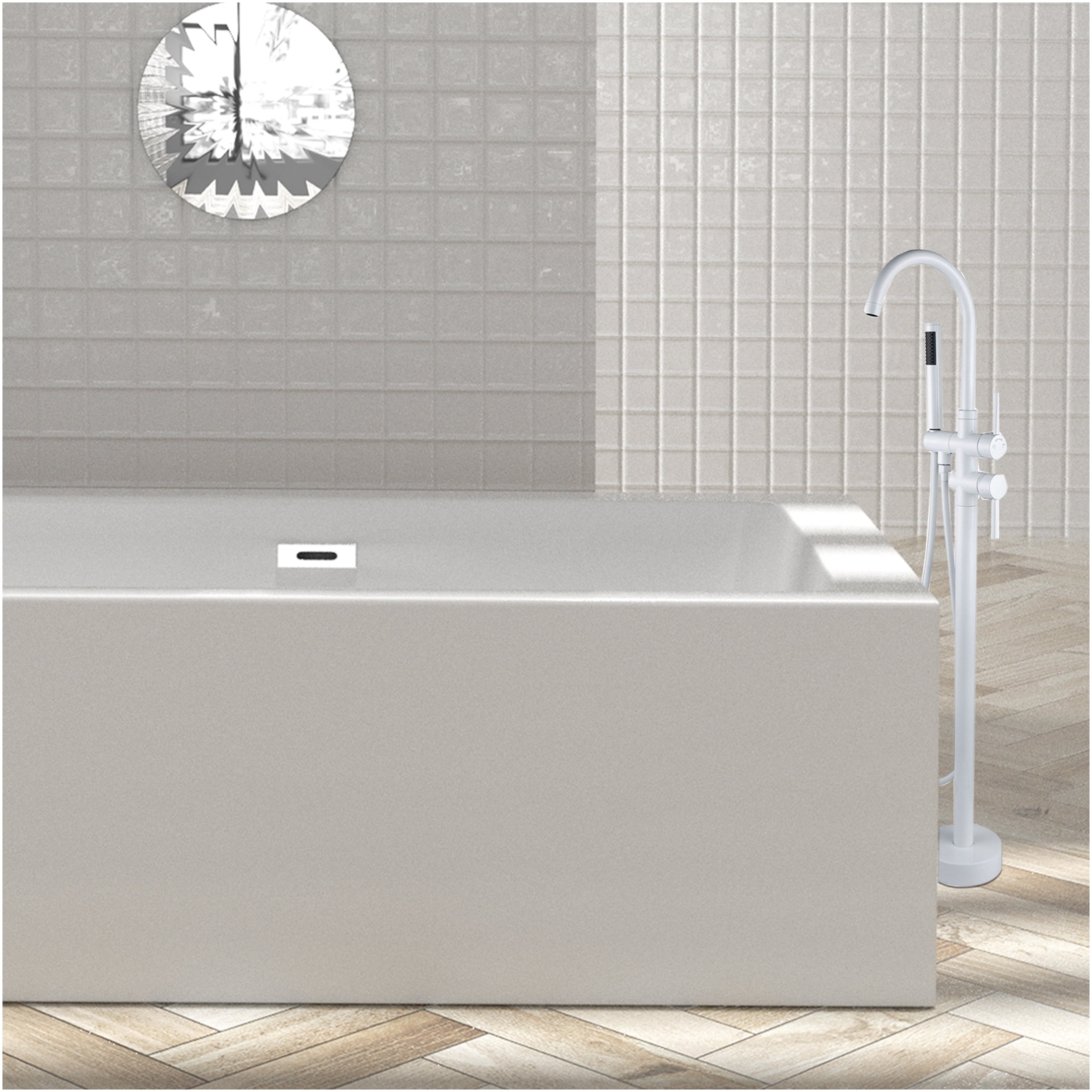 JERFIT White Modern Freestanding Bathtub Faucet with Hand Shower, 3.9 GPM High Flow Deck Mount Tub Filler