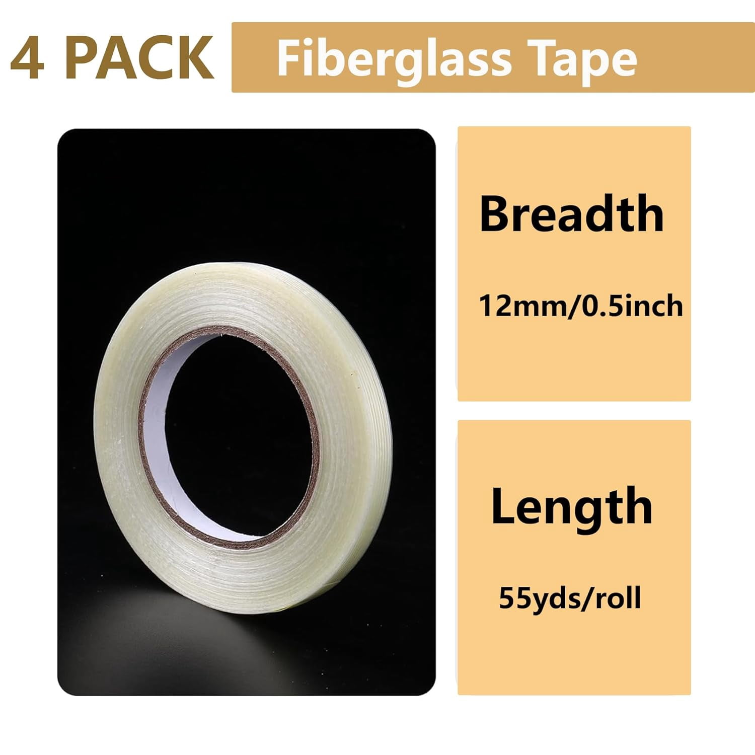Fiberglass Reinforced Filament Strapping Tape: 4 Pack Heavy Duty Commodity Grade Fiber Reinforced Packing Tape, 4.3 Mil Thickness 125 lb Break 1/2 Inch x 60 yds