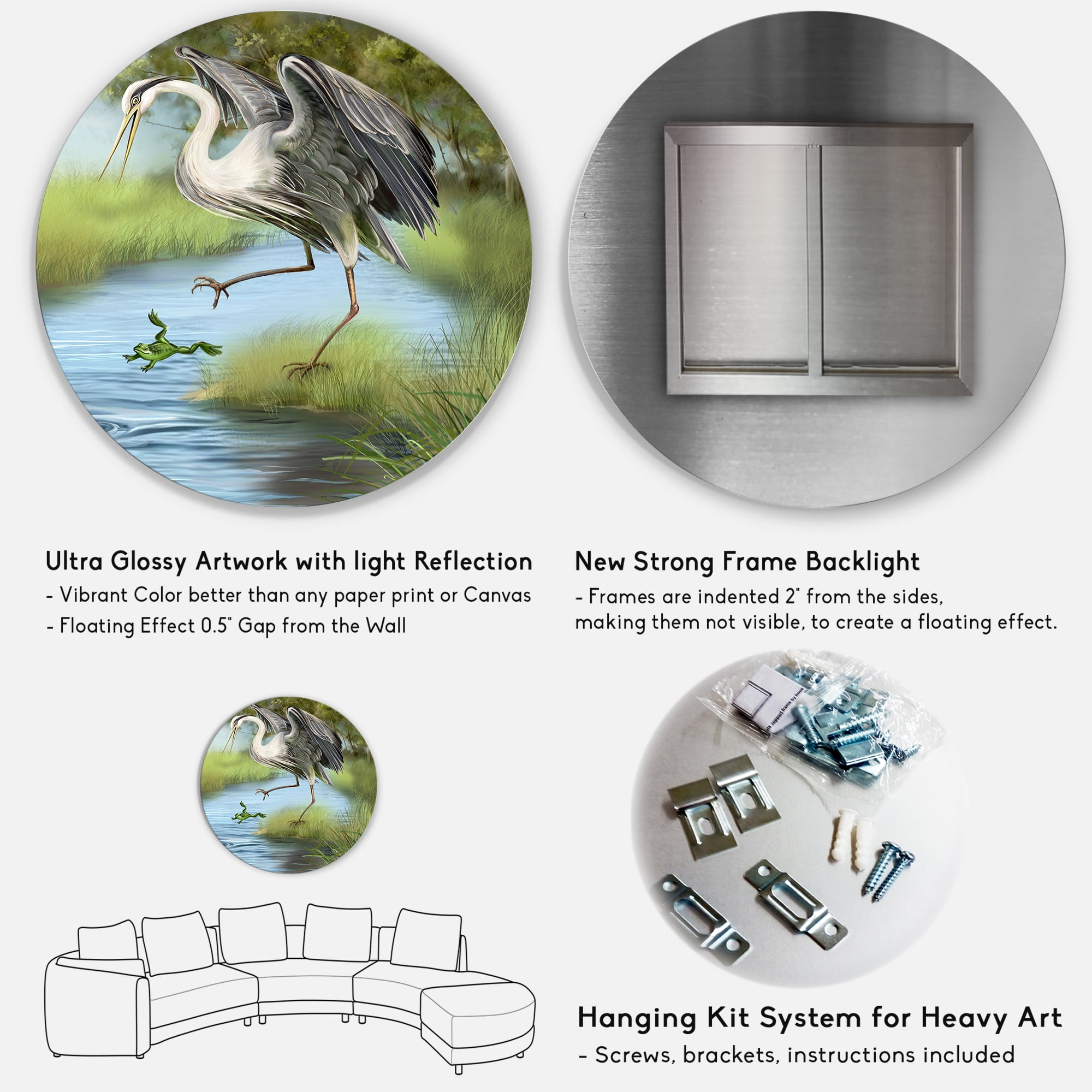 Designart 'Crane Hunting A Frog' Farmhouse Circle Metal Wall Art 11x11 - Disc of 11