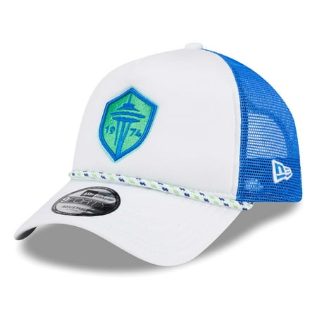 Men s New Era White/Blue Seattle Sounders FC Court Sport Foam A-Frame 9FORTY Adjustable Trucker Hat