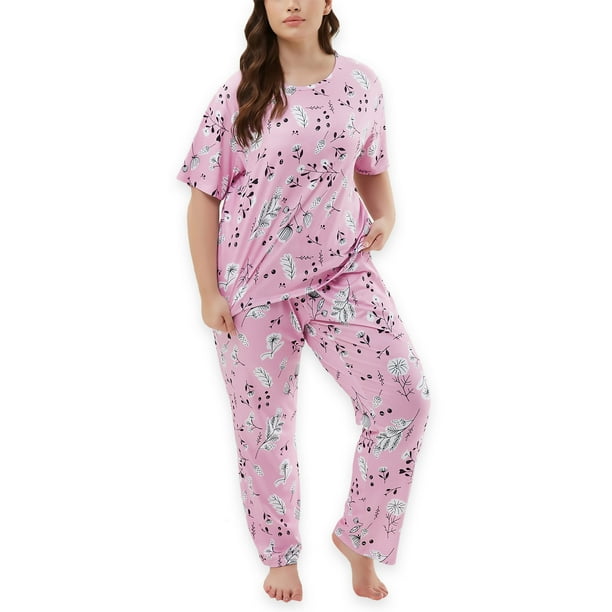 DGAIYIO 2PS Women's Plus Size Allover Plants Print Pajama Set Soft