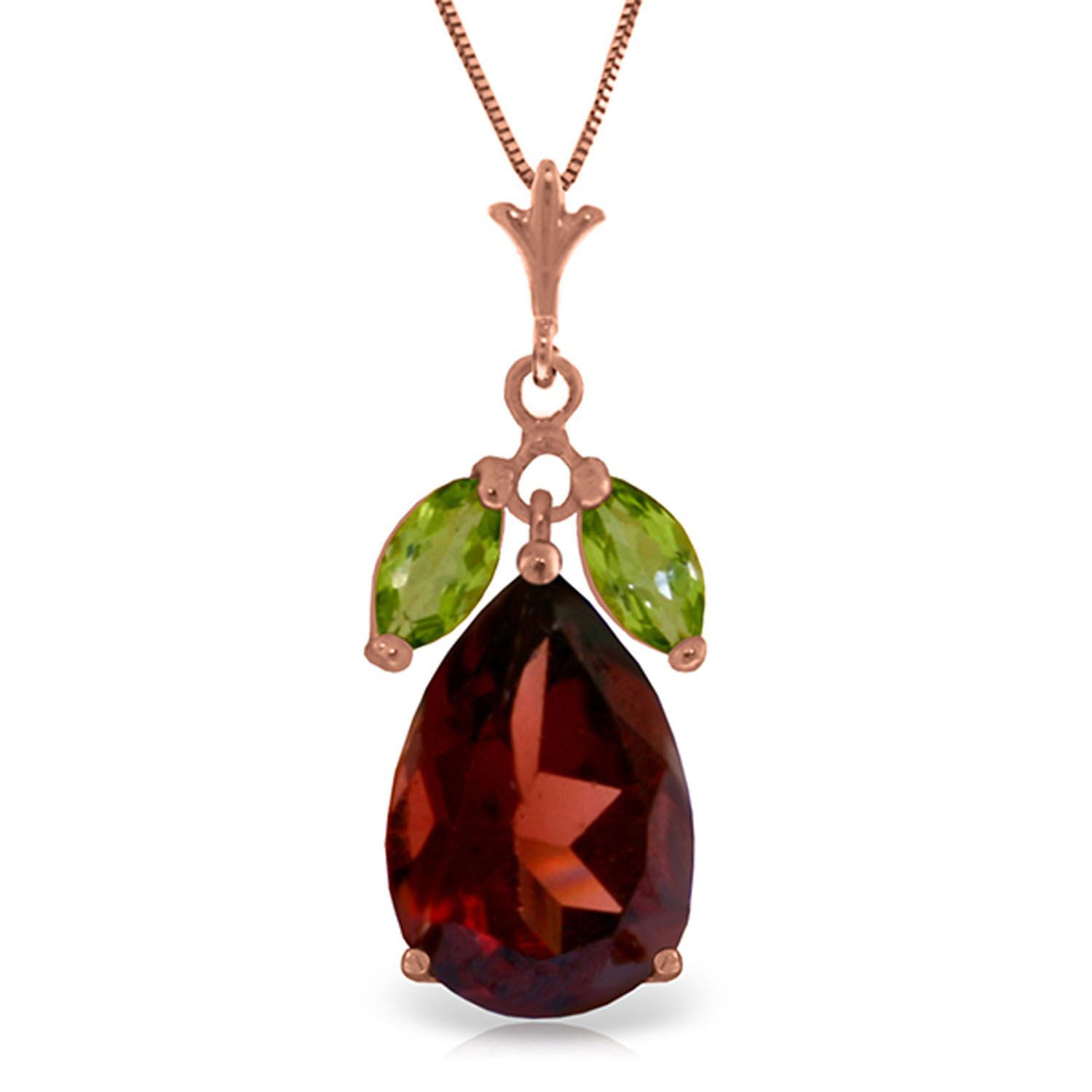 ALARRI 14K Solid Rose Gold Necklace w/ Garnets & Peridots with 24 Inch Chain Length