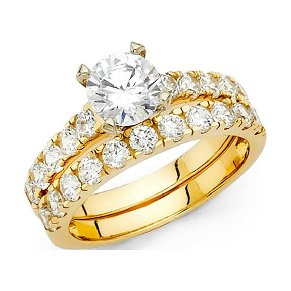 14k Yellow Italian Solid Gold 1.30 ct CZ Prong Wedding Ring Duo Set