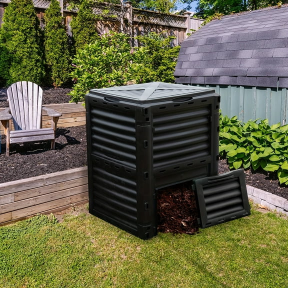 80 Gallon Compost Bin - Black PP Rectangular Outdoor Garden Waste Bin with All-Round Air Vents - Easy Assembly, Bottom Sliding Door for Fertilizer Removal - Ideal for Lawn & Garden