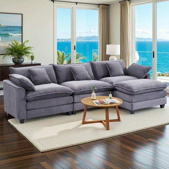 Gexpusm Sectional Sofa,Modular 111" Corduroy Couch with Double Cushion Sleeper Chaise,Modern Oversized Comfy Bouble Couch with Back Pillows for Living Room,Grey
