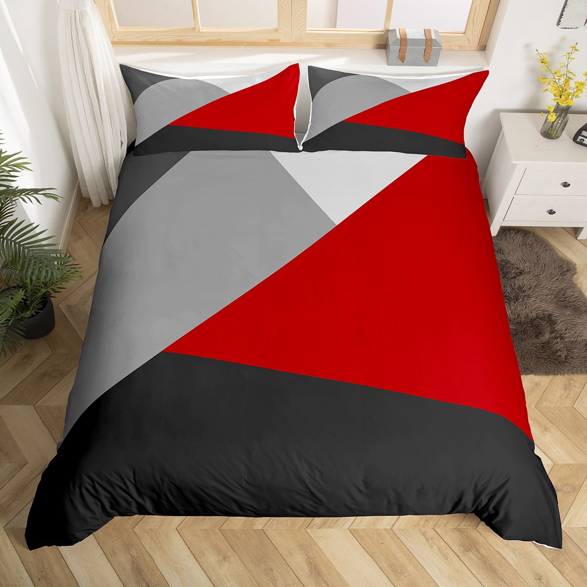 YST Red Black Gray Bedding Set Full Patchwork Geometric Comforter Cover