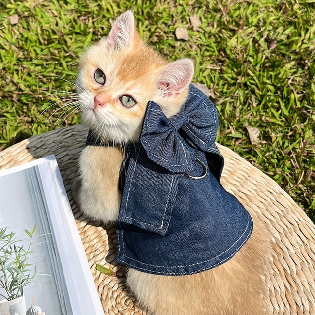 Vestido de mezclilla para mascotas pequeñas y medianas | Falda ajustable con volantes | Lindo Bowknot | Poliéster ligero | Atuendo transpirable para todas las estaciones | Azul | Tallas S M L