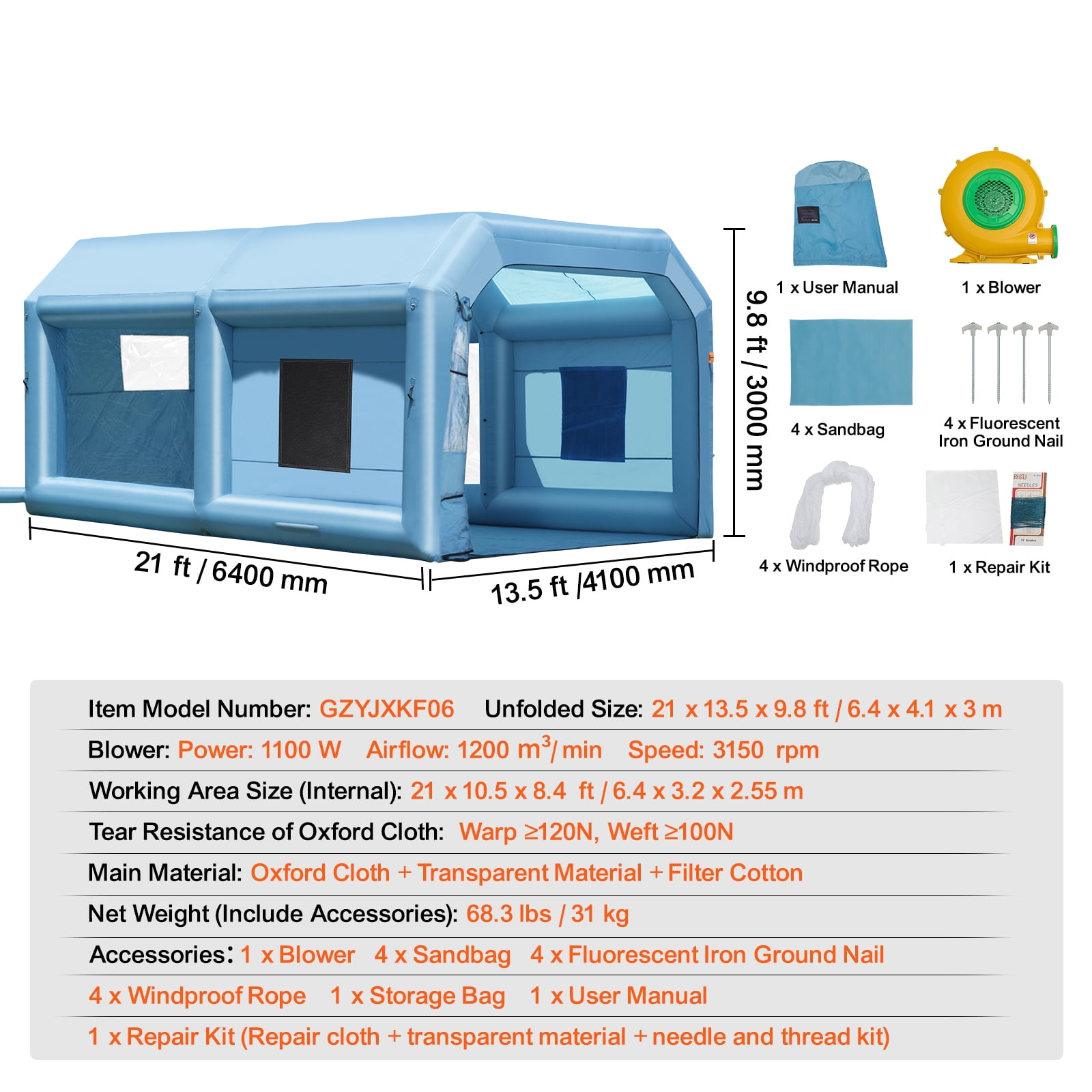 KFFKFF Inflatable Paint Booth, 21x13.5x9.8 ft, Includes 1100W Blower & Filtration System, Ideal for Mid-Size Vehicles & Bulky Furniture