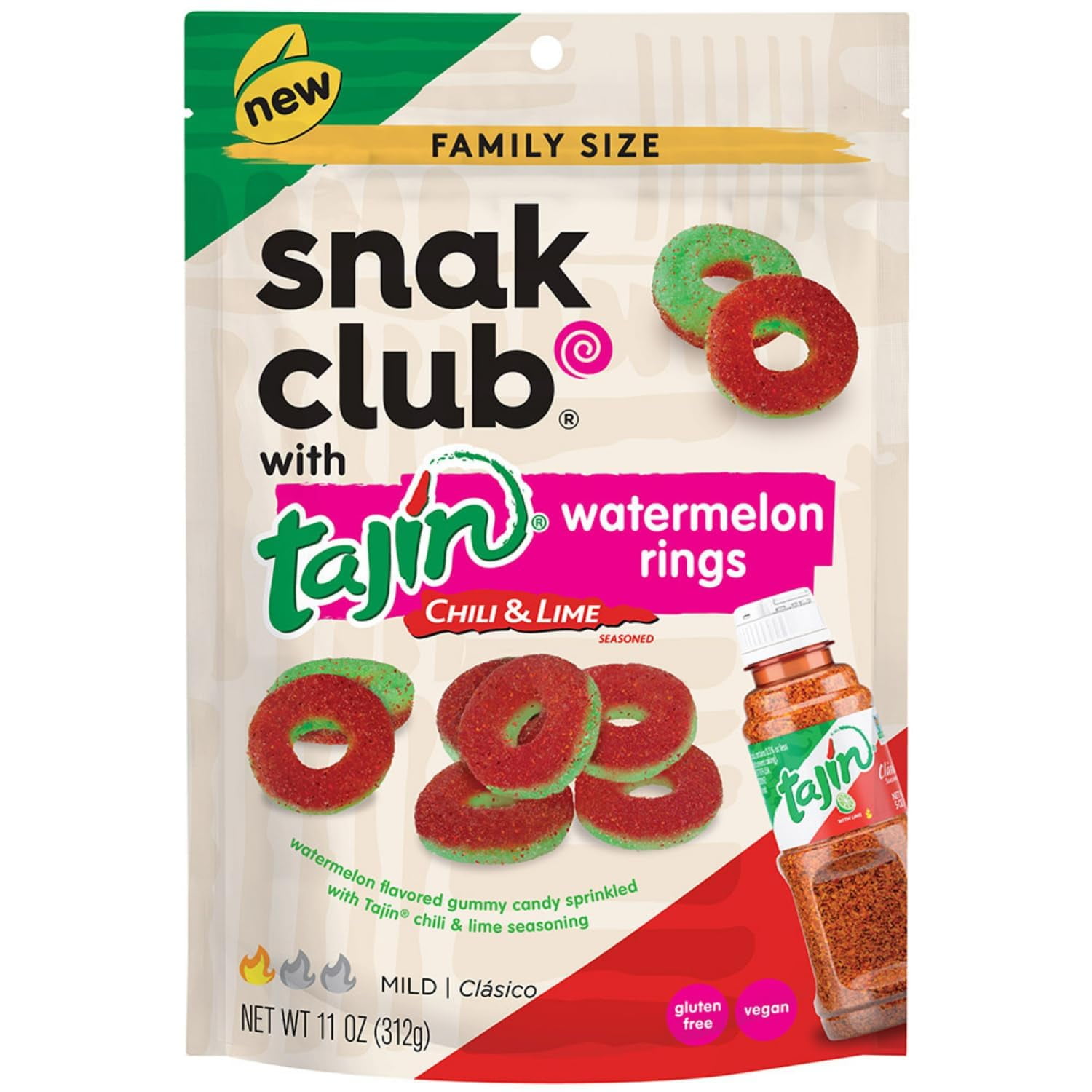 Snak Club Watermelon Rings, Tajin Chili & Lime Seasoned, Sweet and Spicy Gummy Candy, Mild in Heat Bold in Flavor, Low-Fat, Vegan, Gluten-Free Snack, Family Size, 11 OunceRDC31