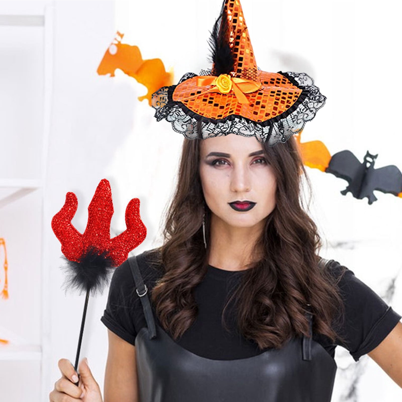 Witch Headband Sequin Lace Veils Costume Accessories Halloween for Women HOARBOEG Witch Hat Headband for Women, Sparkly Sequin  main image 2