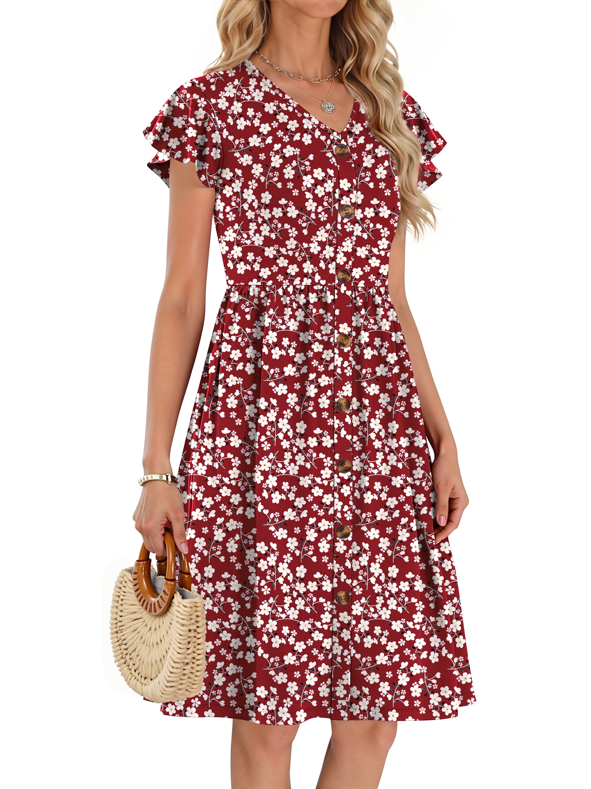Fantaslook Women Summer Dresses V Neck Ruffle Sleeve Casual Flowy Sundresses Button Floral Midi Dress with Pockets