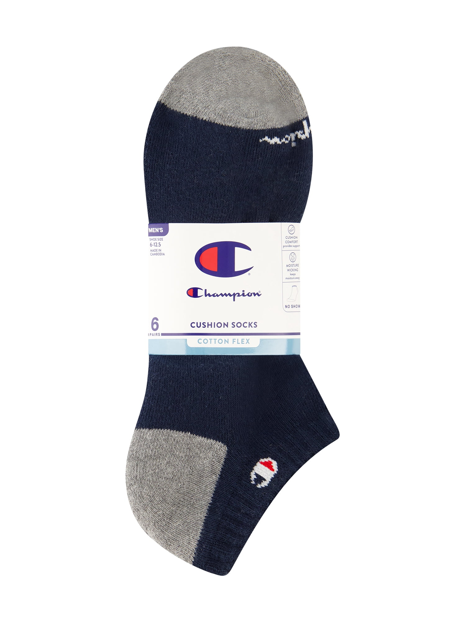 Champion Men’s No Show Socks 6 Pack – Half Terry Cushion, Moisture-Wicking, Arch Support, Stretch Comfort, Sizes 6–12.5