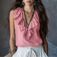 thumbnail image 2 of UDAUDU Womens Crop Tank Tops Sleeveless Ruffle Hem V Neck Shirts Casual Going Out Beach Vacation Blouses Pink S, 2 of 4